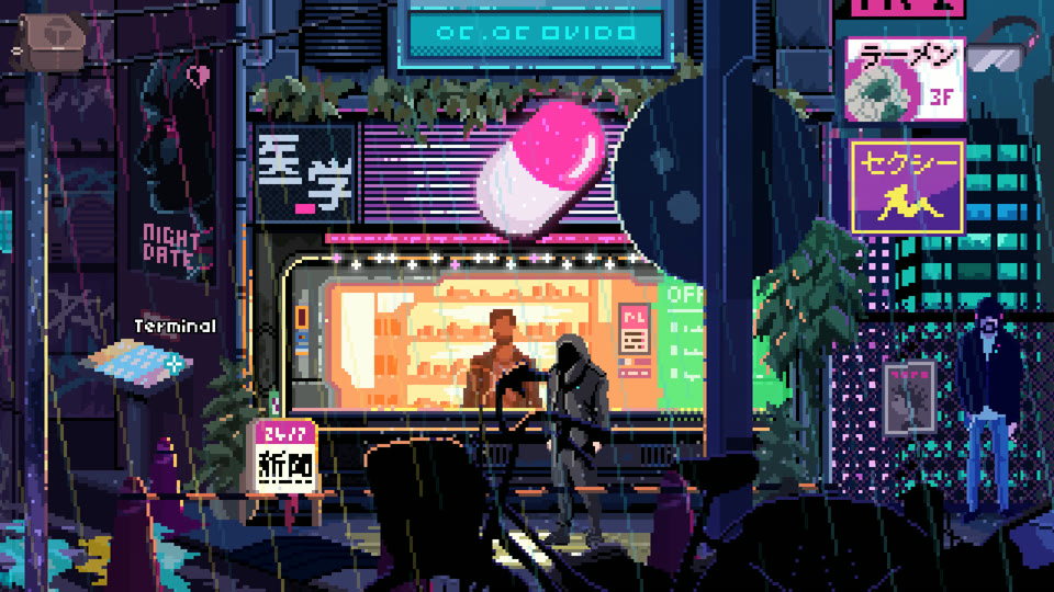 A street of neon signs and pills